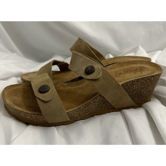 Yokono Women’s Suede Brown Tan Leather Wedge Sandals Slip On Sz 8 Spain - Picture 3 of 6